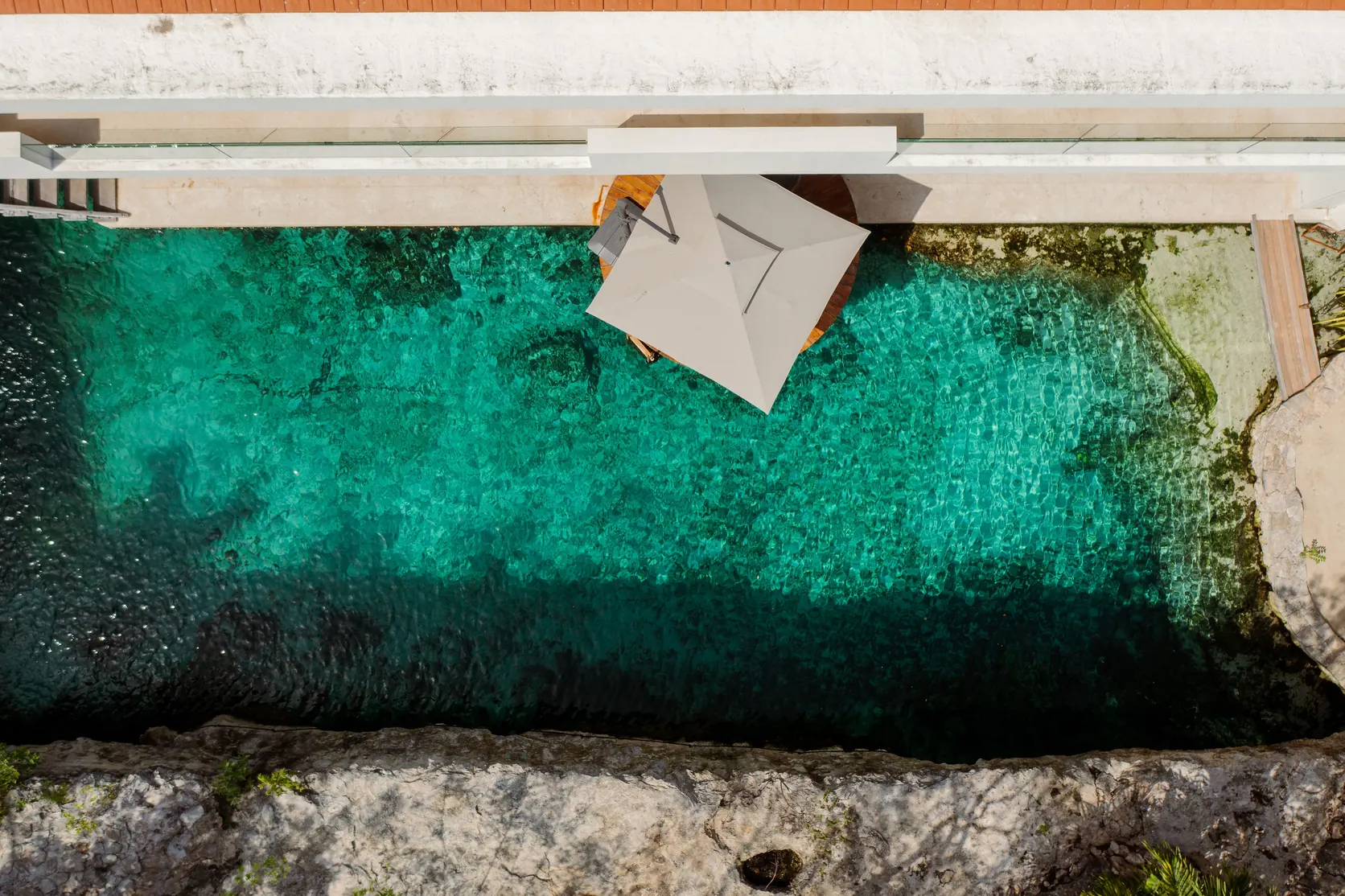 Looking straight down into the cenote at Casa Piedra de Agua, with the limestone bed visible through clear green water