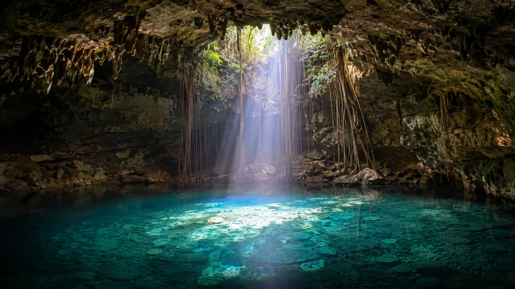 Shaft of daylight falling through the collapsed rock ceiling of a semi-open cenote onto still water below