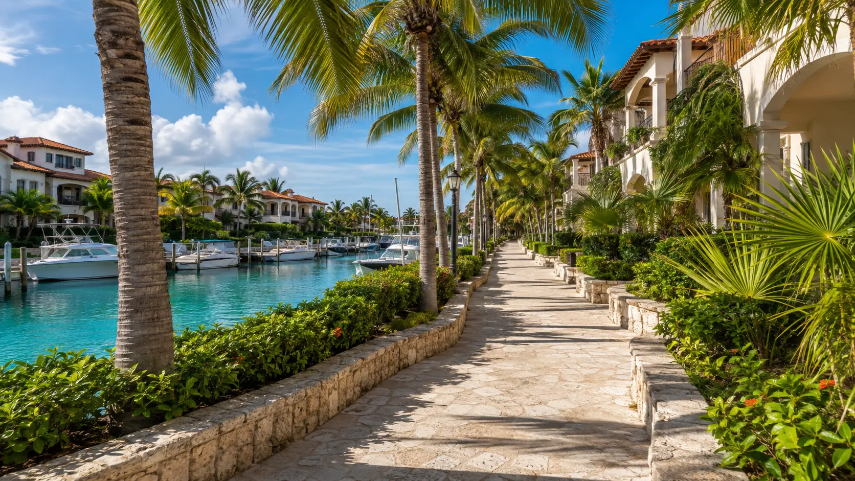 Stone boardwalk lined with palm trees running beside the Puerto Aventuras marina, with boats docked on the left