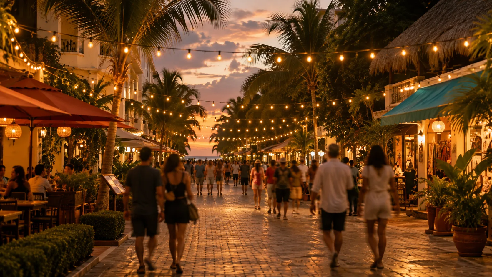 Pedestrian avenue in Playa del Carmen at dusk, lined with terraces and warm string lights