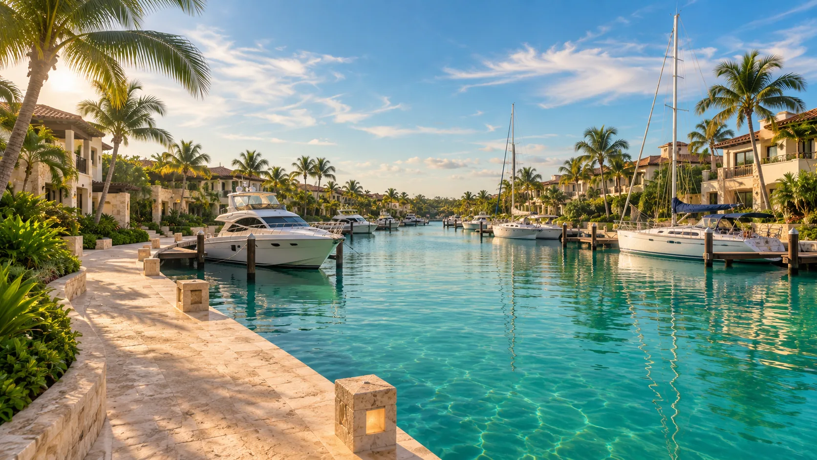 Quiet marina in Puerto Aventuras with yachts moored beside terracotta-roofed villas and palm trees