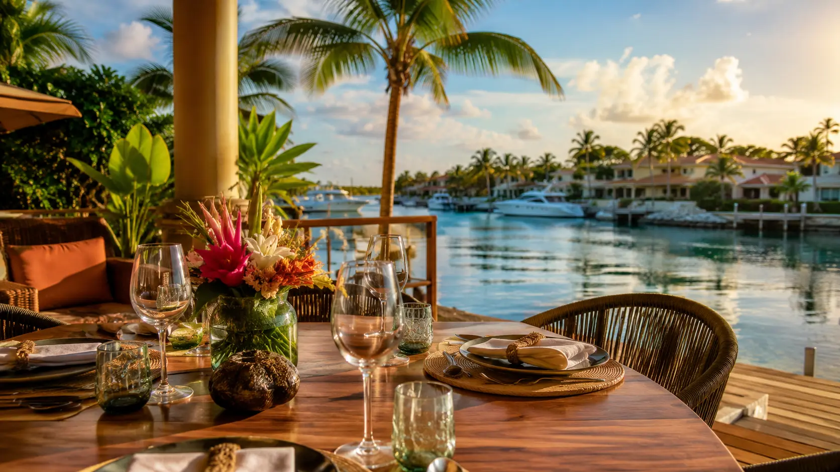 Table set for dinner on a waterfront terrace at golden hour, overlooking the Puerto Aventuras marina