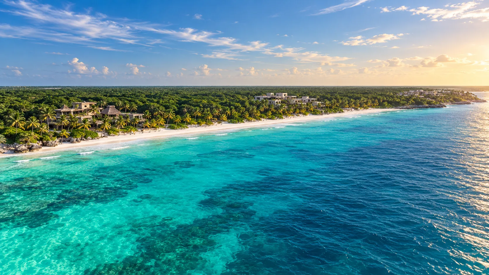 Aerial view of the Riviera Maya coastline, with turquoise Caribbean water meeting white sand and dense jungle
