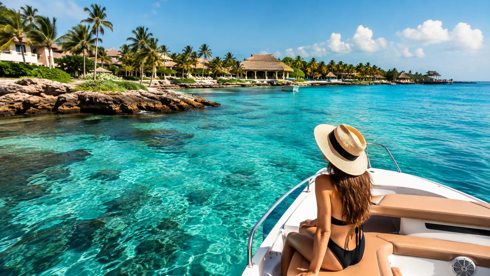 Traveler in a straw hat sitting on the bow of a boat over clear turquoise Caribbean water near the Puerto Aventuras shoreline