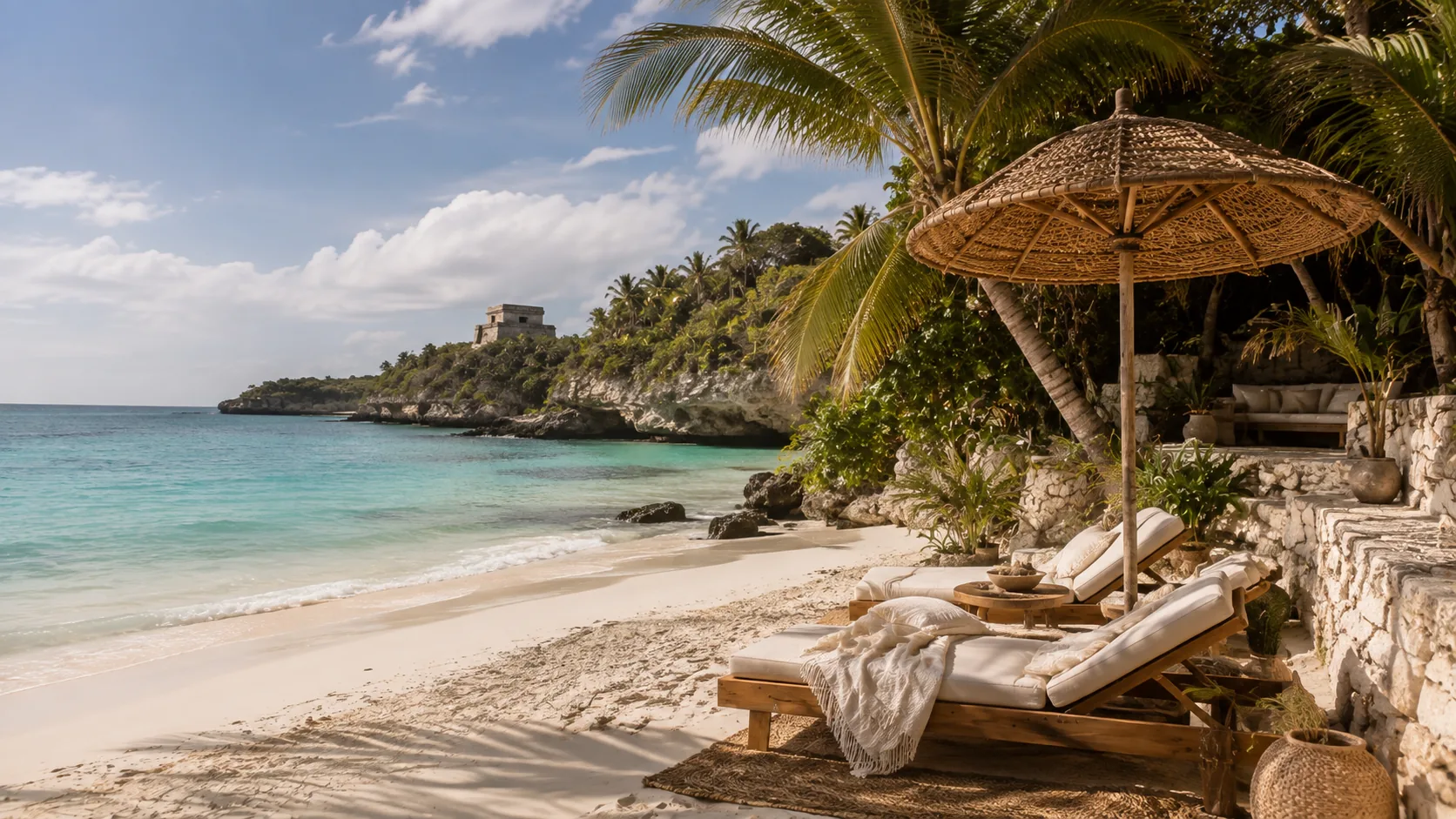 Secluded Tulum beach with white sand and palm-shaded daybeds, with a Maya ruin on the cliff above the shoreline