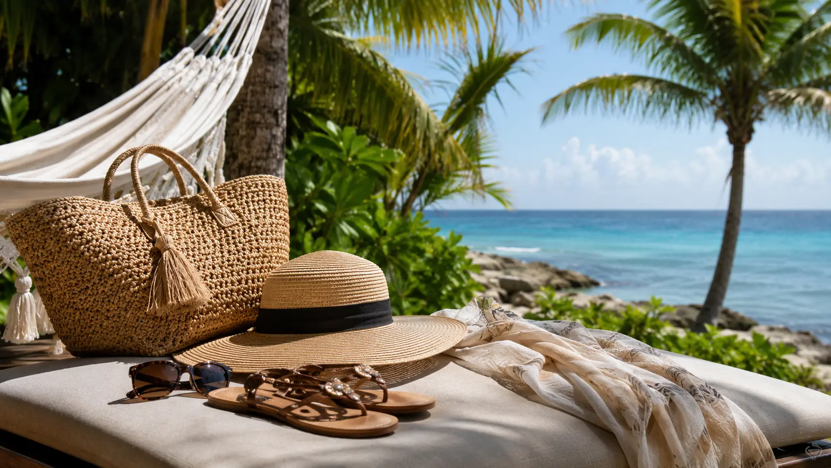 Straw tote bag, sun hat, sunglasses and sandals resting on a daybed beside a hammock, with the Caribbean Sea behind